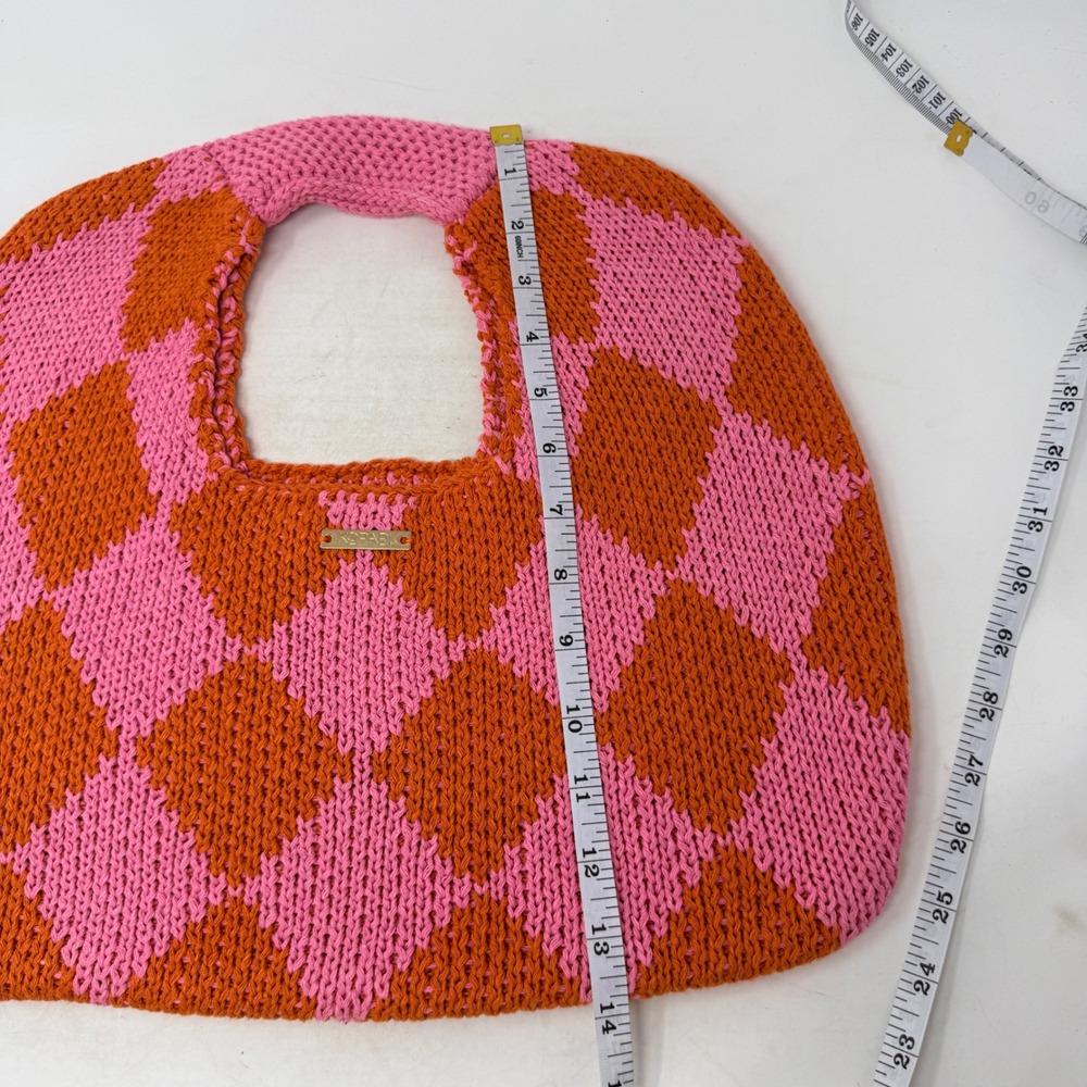 Kopari Pink Orange Checkered Knit Tote Bag Harlequin Pattern Top Handle Bag - Picture 8 of 9